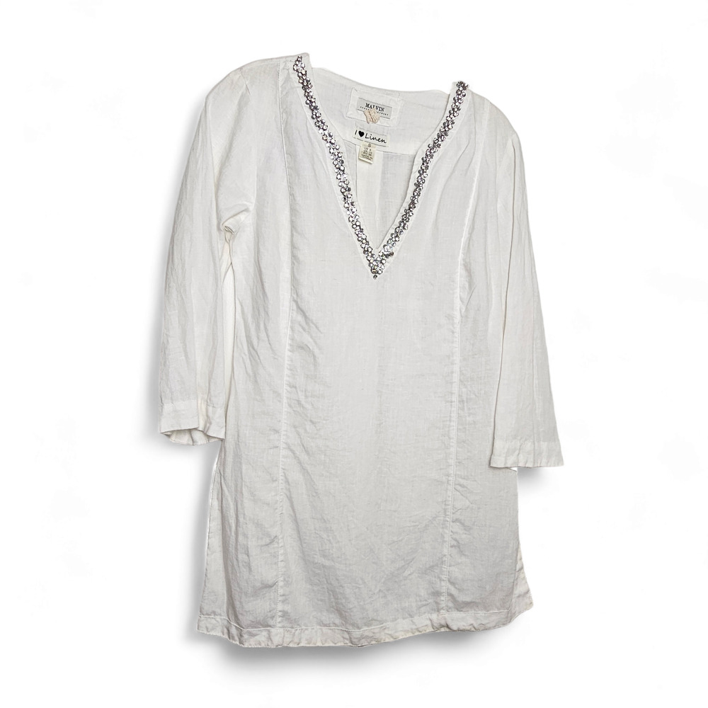Malvin Hamburg Germany Beaded Linen Tunic Top Size S